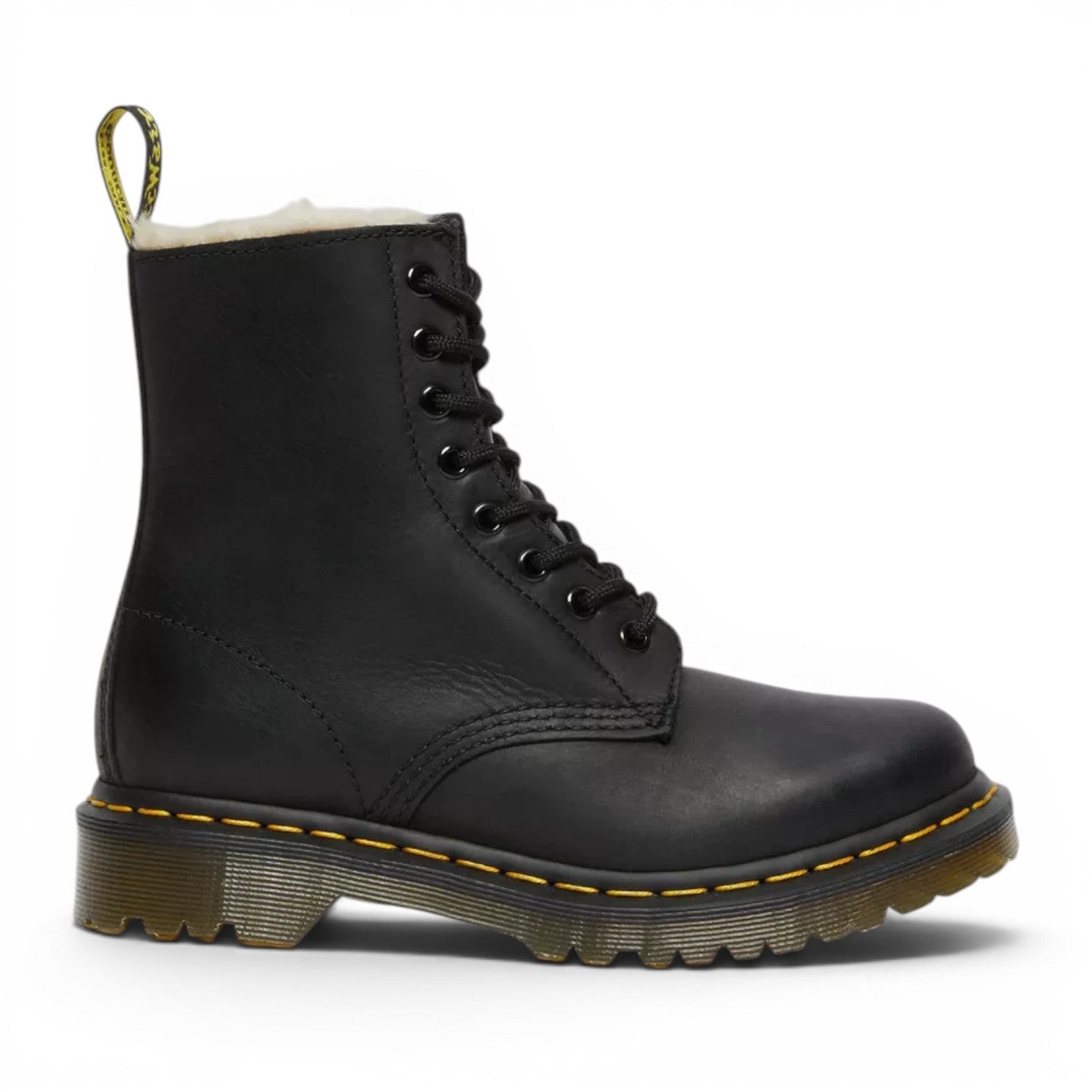 My Store black leather Dr. Martens 1460 Serena faux fur lined boots with yellow stitching and black laces.