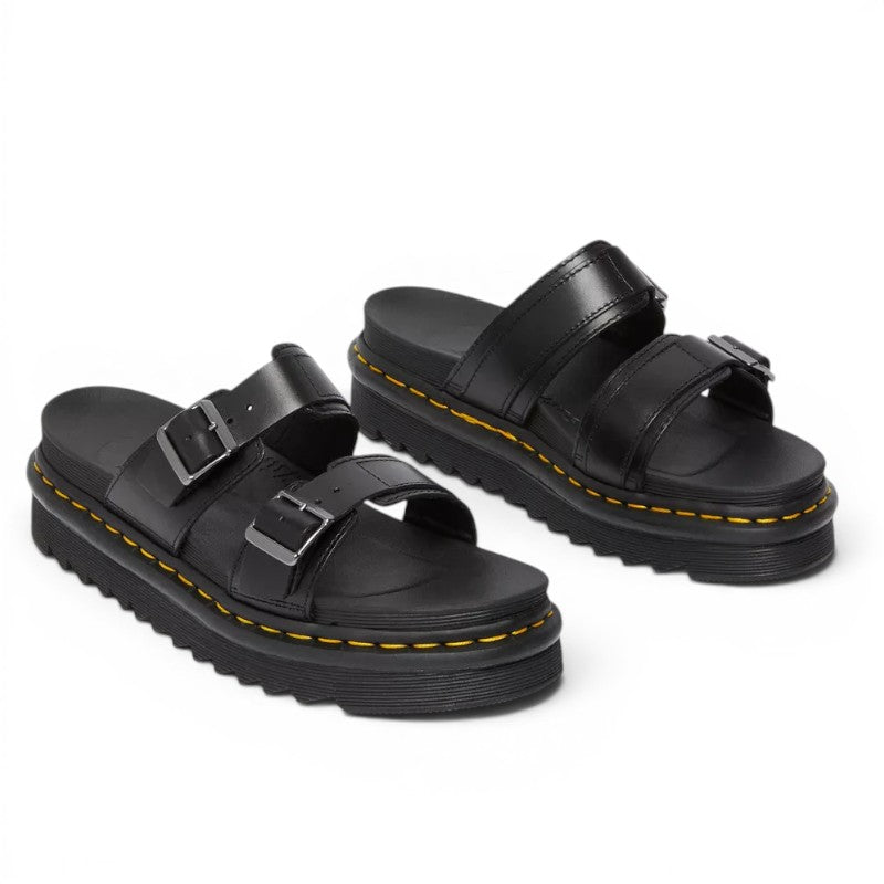 My Store black leather Myles Brando sandals with double straps and silver buckles on a thick platform sole with yellow stitching.