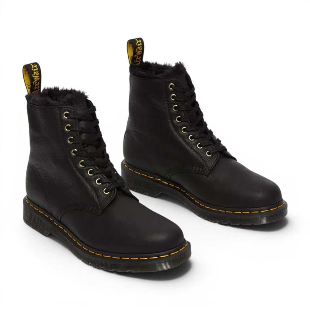 My Store Dr. Martens 1460 Pascal Ambassador faux fur lined black leather boots with yellow stitching.