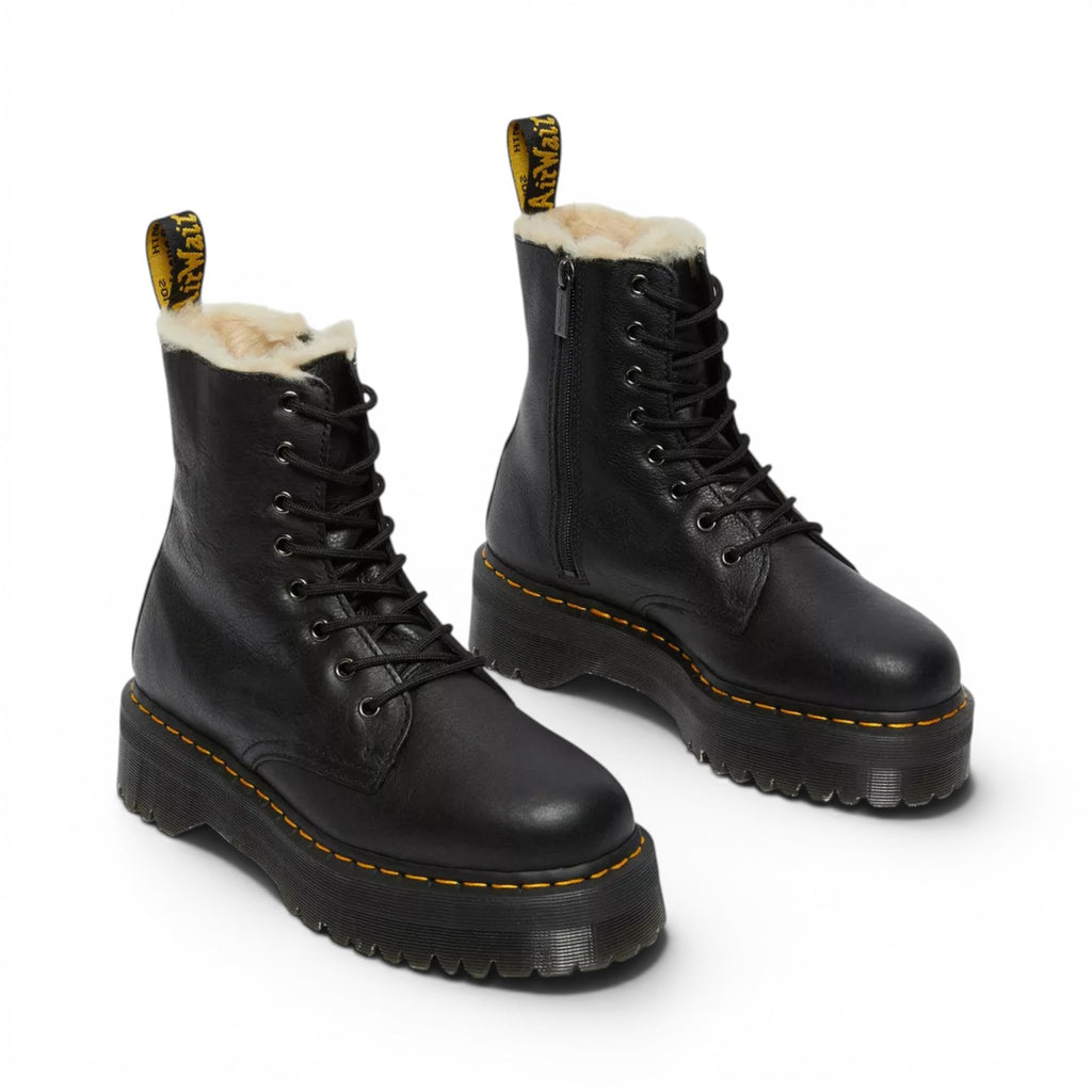 My Store black leather faux fur lined Jadon platform boots with yellow stitching and AirWair heel loop.