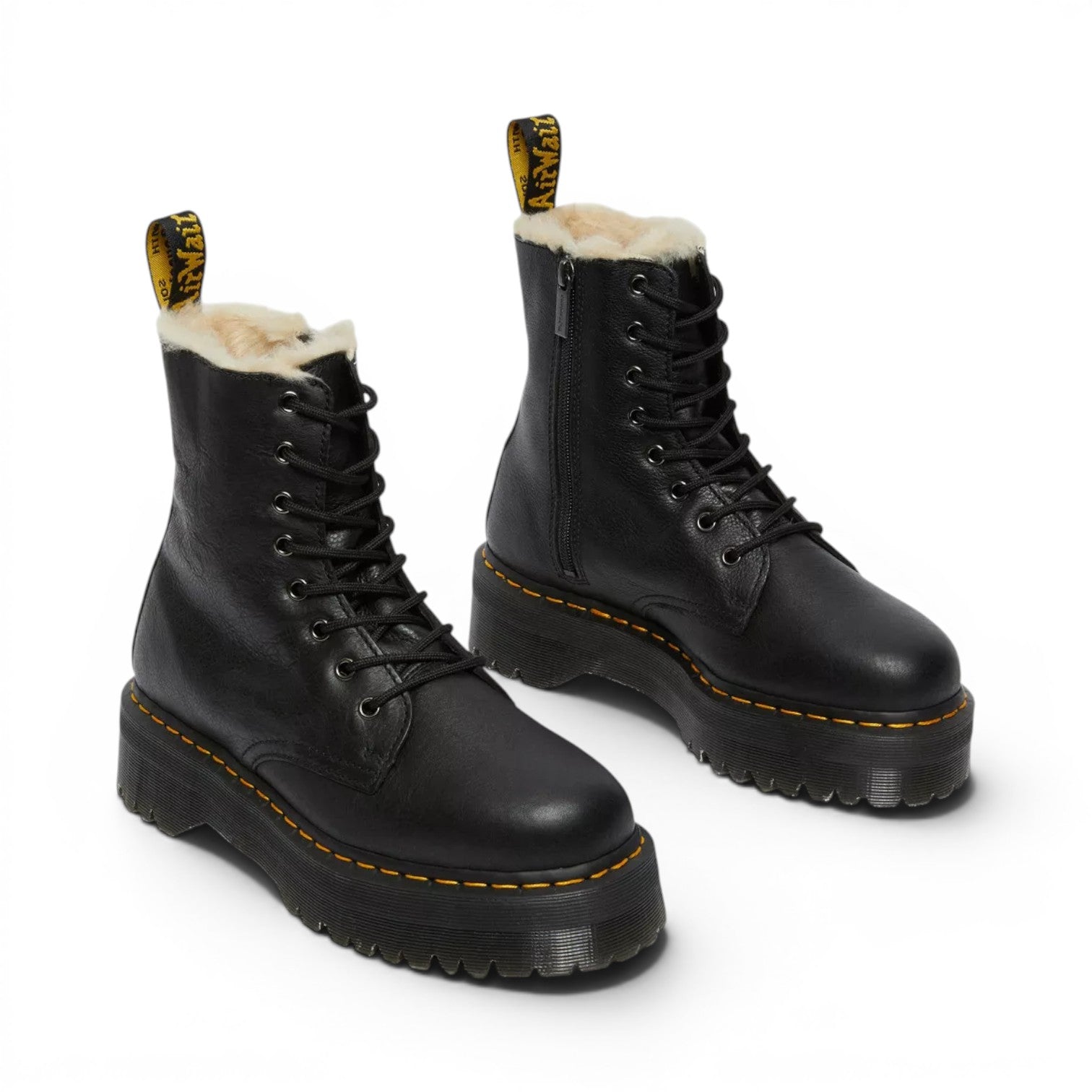 My Store black leather faux fur lined Jadon platform boots with yellow stitching and AirWair heel loop.