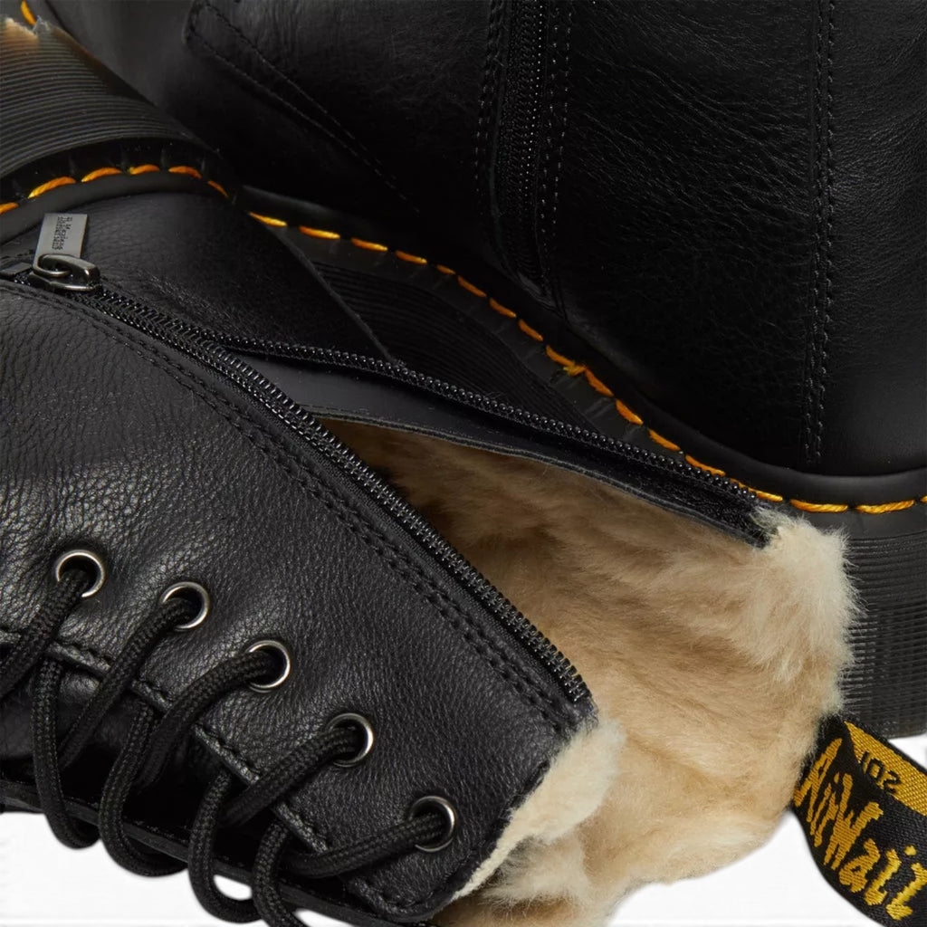 My Store black leather Jadon boots with faux fur lining and yellow stitching detail.
