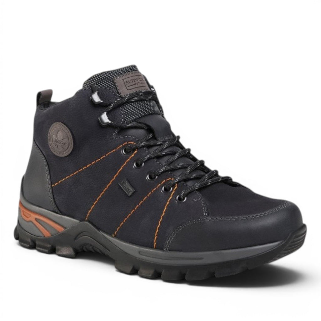 My Store Rieker F6814-16 black leather hiking boots with orange stitching and RiekerTex water-repellent layer.