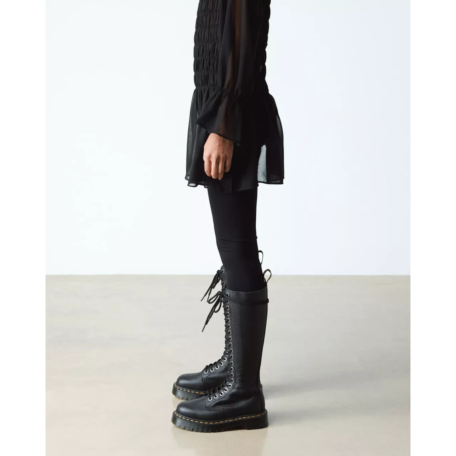 My Store black Pisa leather knee-high boots with lace-up front and chunky sole.