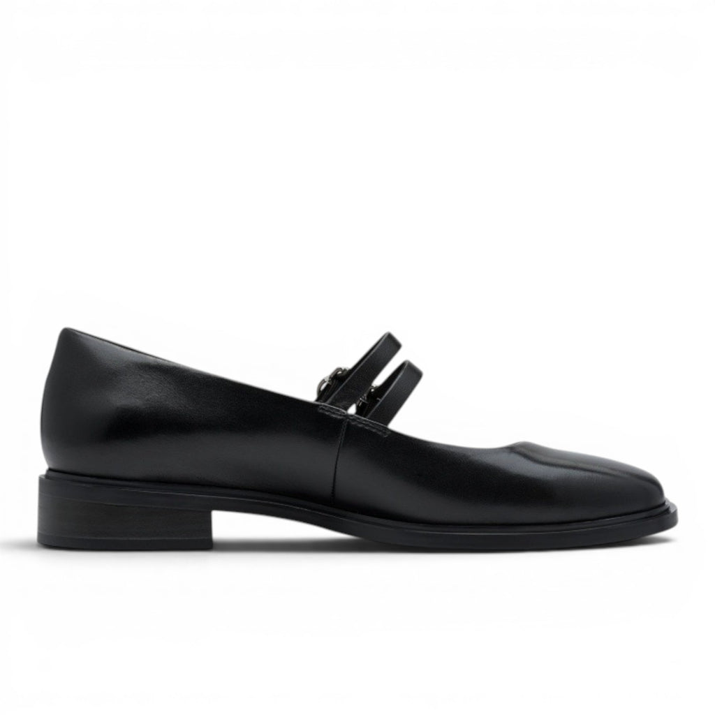 My Store black leather Mary Jane flats with double strap and buckle detail. Square toe, low heel.