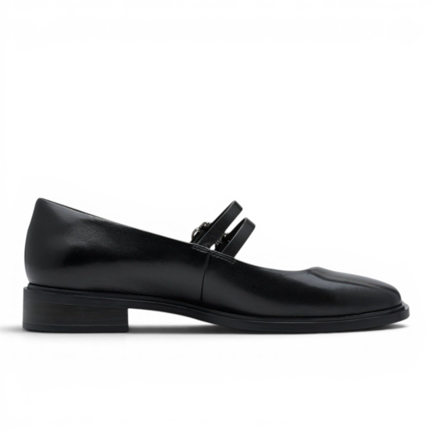 My Store black leather Mary Jane flats with double strap and buckle detail. Square toe, low heel.
