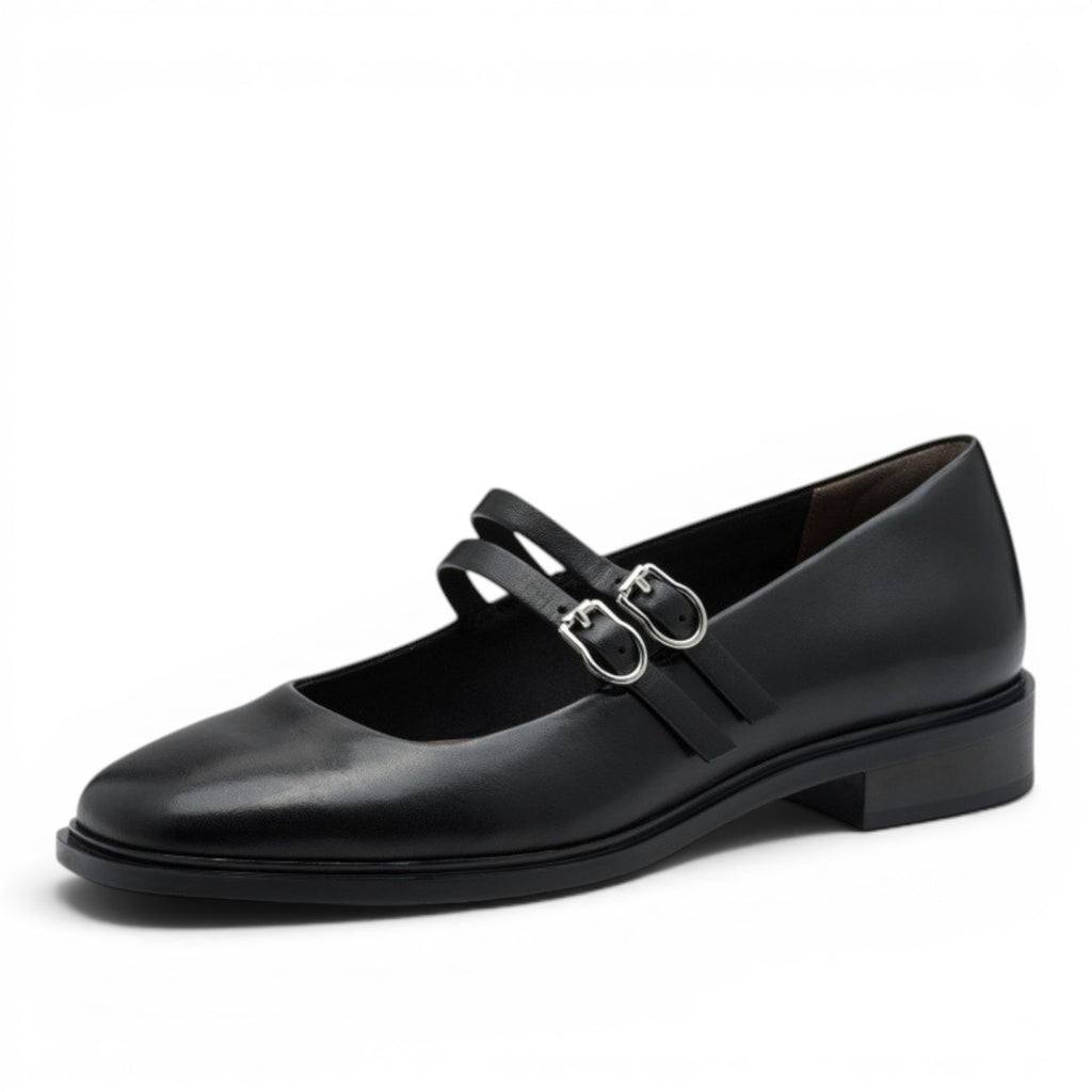 My Store black leather Mary Jane shoes with double buckle straps and a low heel.