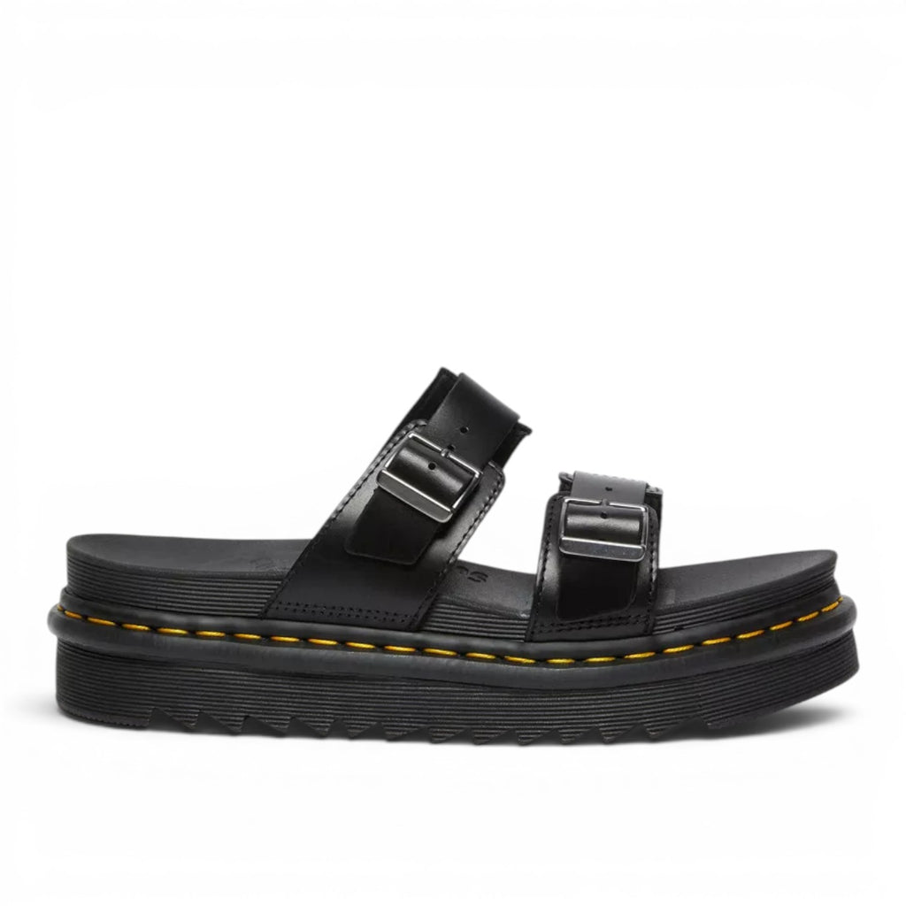 My Store black Brando leather Myles sandals with two adjustable buckles and a thick platform sole with yellow stitching.