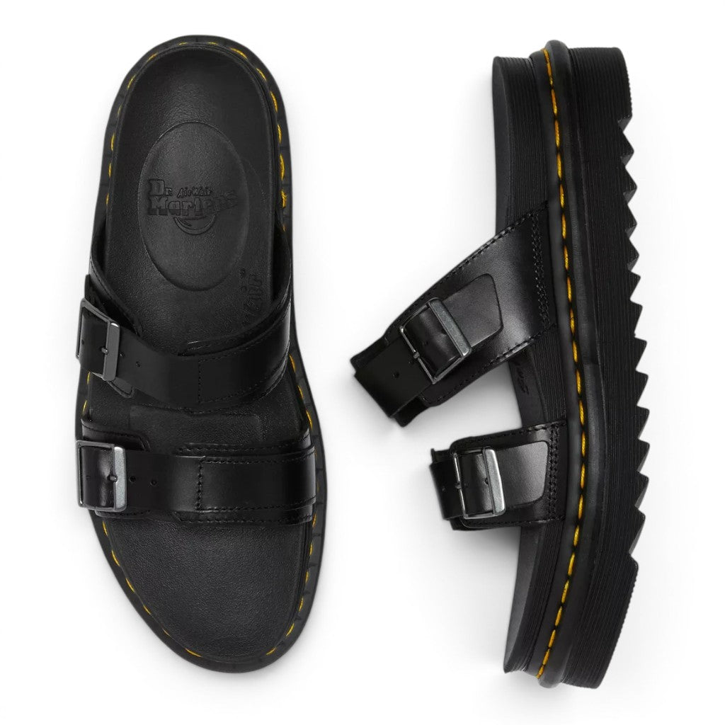 My Store black Brando leather double strap platform sandals with silver buckles and yellow stitching.