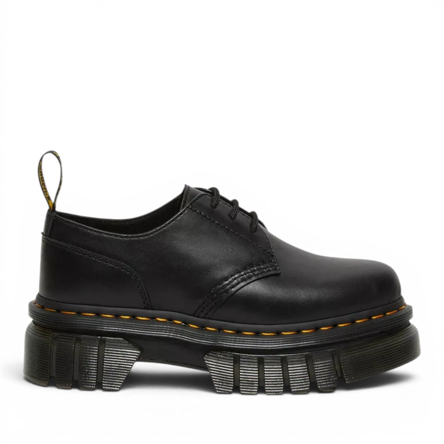 My Store black nappa lux leather platform shoes with yellow stitching and chunky sole.