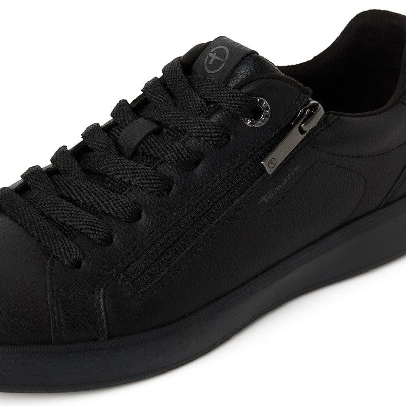 My Store black leather sneakers with side zipper and laces. Features COMFORT lining and removable insole.