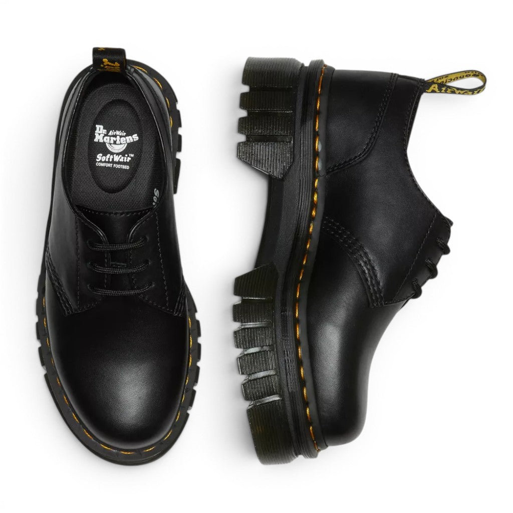 My Store black Nappa Lux leather platform shoes with SoftWair comfort footbed and signature yellow stitching.