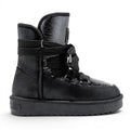 My Store black shiny synthetic Nordic boots with textile fur lining and rubber sole, featuring multi-position laces and sparkling details.