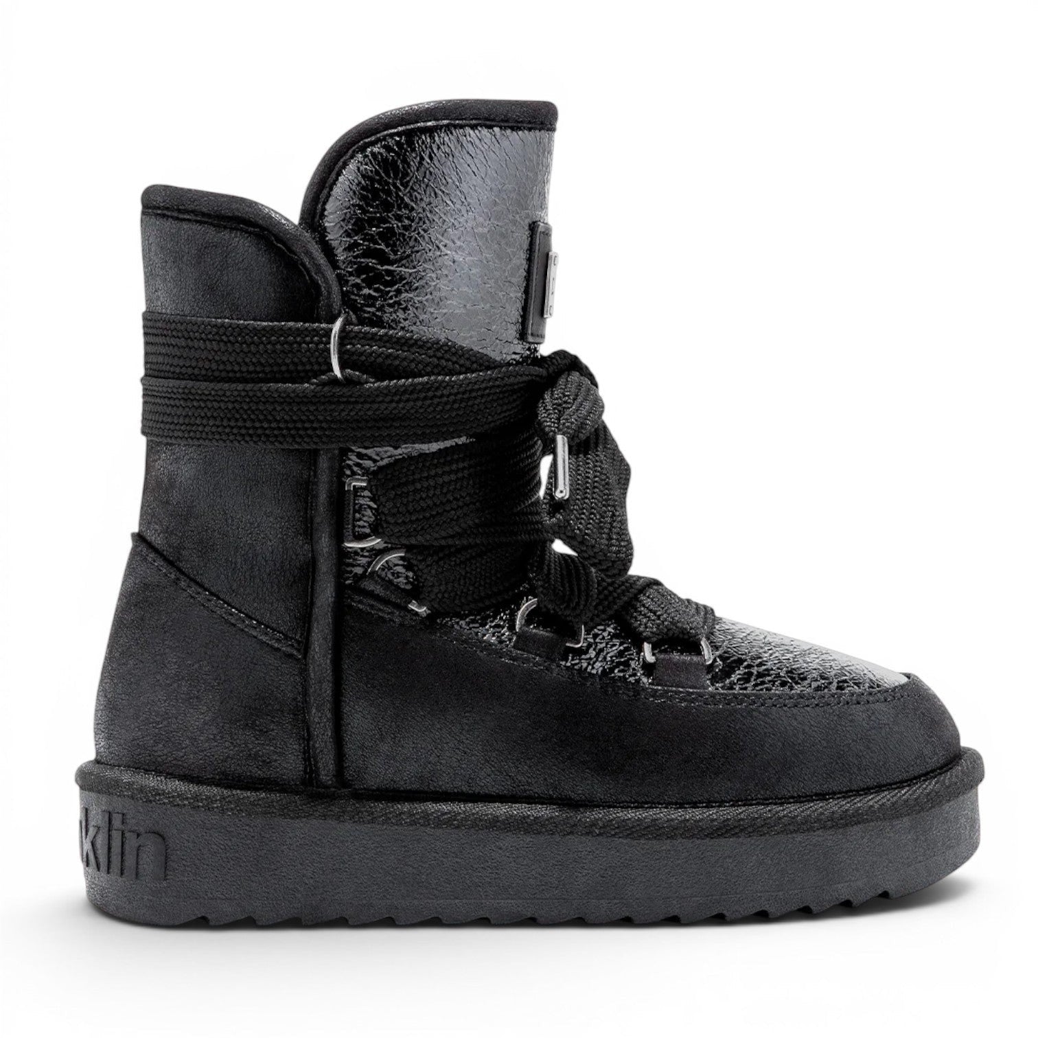 My Store black shiny synthetic Nordic boots with textile fur lining and rubber sole, featuring multi-position laces and sparkling details.