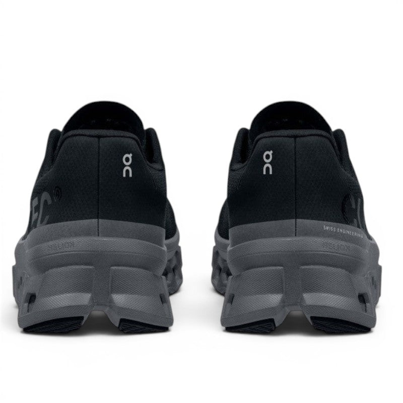 My Store black recycled polyester running shoes with grey Helion superfoam sole and CloudTec cushioning.