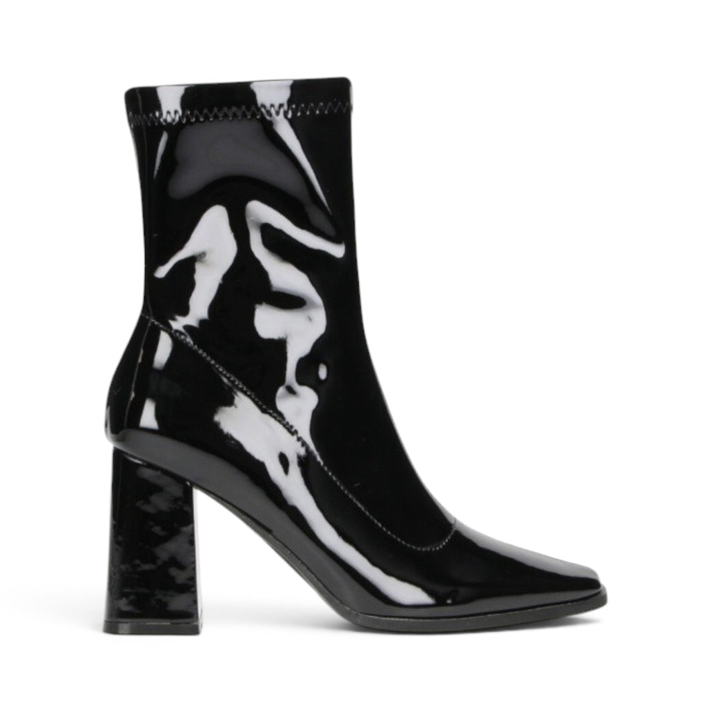 My Store Claudia Ghizzani black patent faux leather ankle boots with 8cm block heel and side zip.