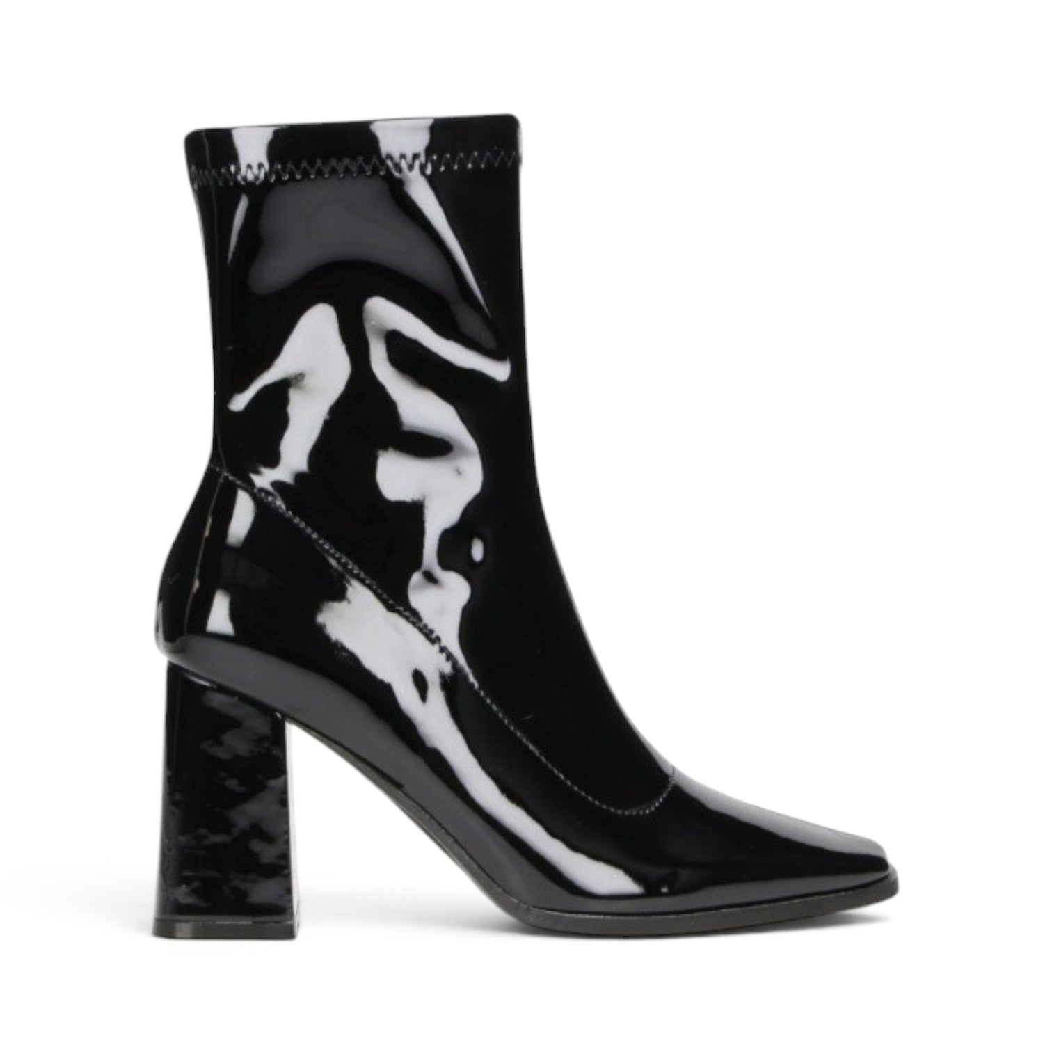 My Store Claudia Ghizzani black patent faux leather ankle boots with 8cm block heel and side zip.