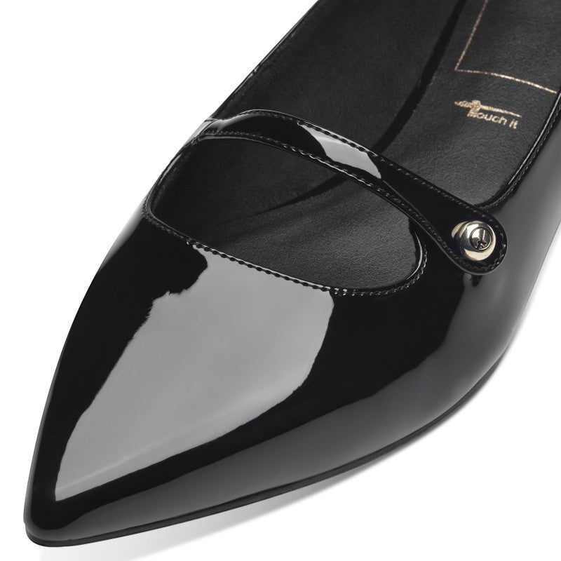 My Store black patent leather pointed toe ballet flats with strap and button detail.