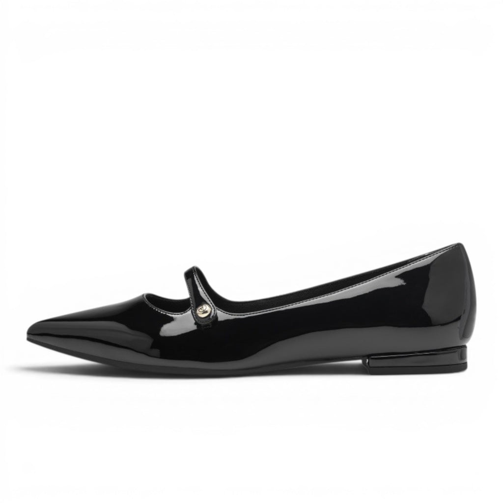 My Store black patent leather pointed-toe ballet flats with a strap and button detail.