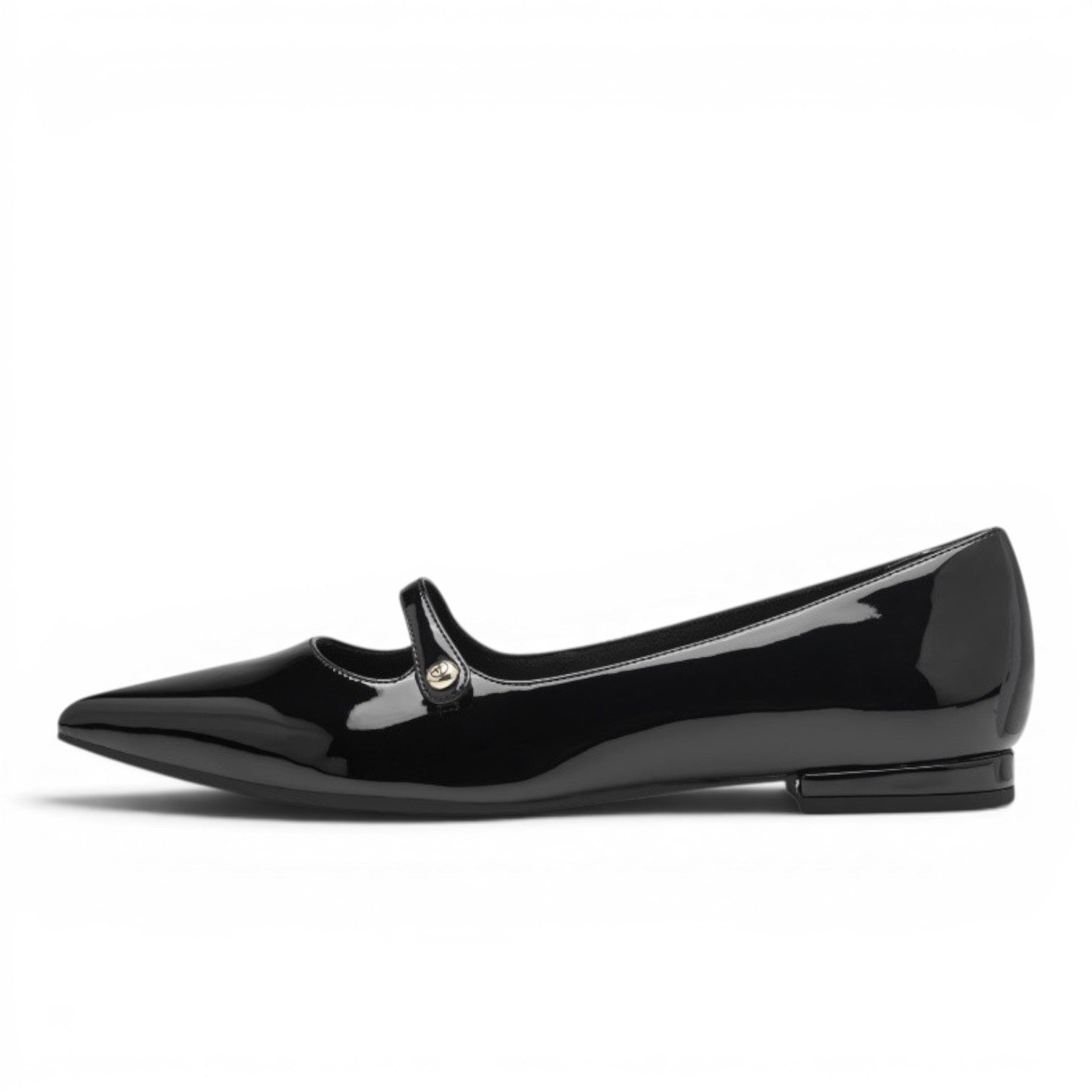 My Store black patent leather pointed-toe ballet flats with a strap and button detail.
