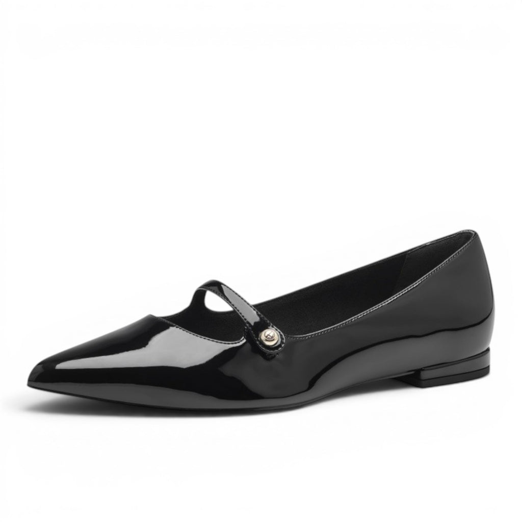 My Store black patent leather pointed-toe ballet flats with strap and gold button detail.