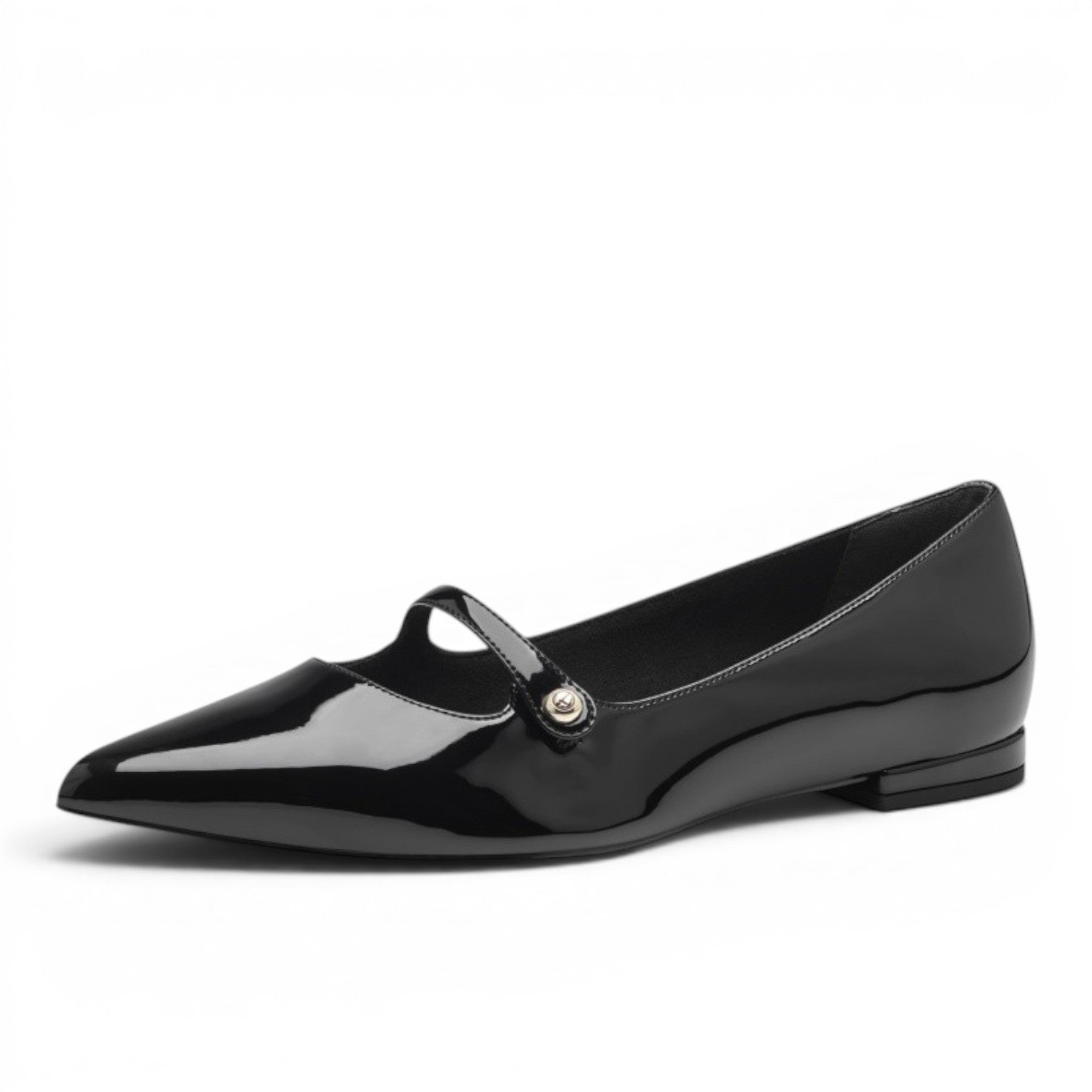 My Store black patent leather pointed-toe ballet flats with strap and gold button detail.