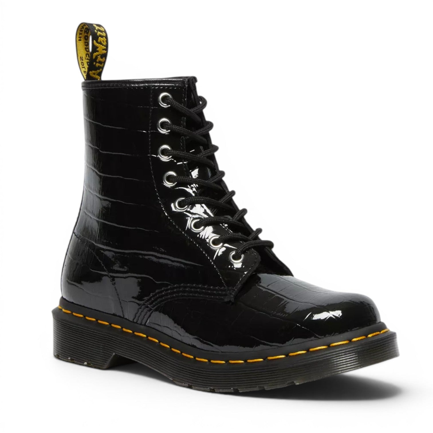My Store black patent leather croc embossed Dr. Martens 1460 boots with yellow stitching and black laces.