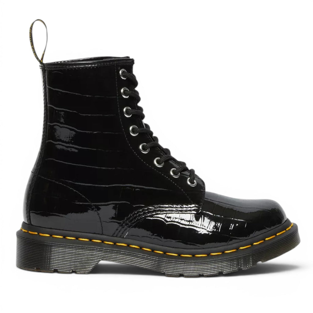 My Store black patent leather croc embossed 1460 Dr. Martens boots with yellow stitching and black laces.