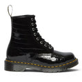 My Store black patent leather croc embossed 1460 Dr. Martens boots with yellow stitching and black laces.
