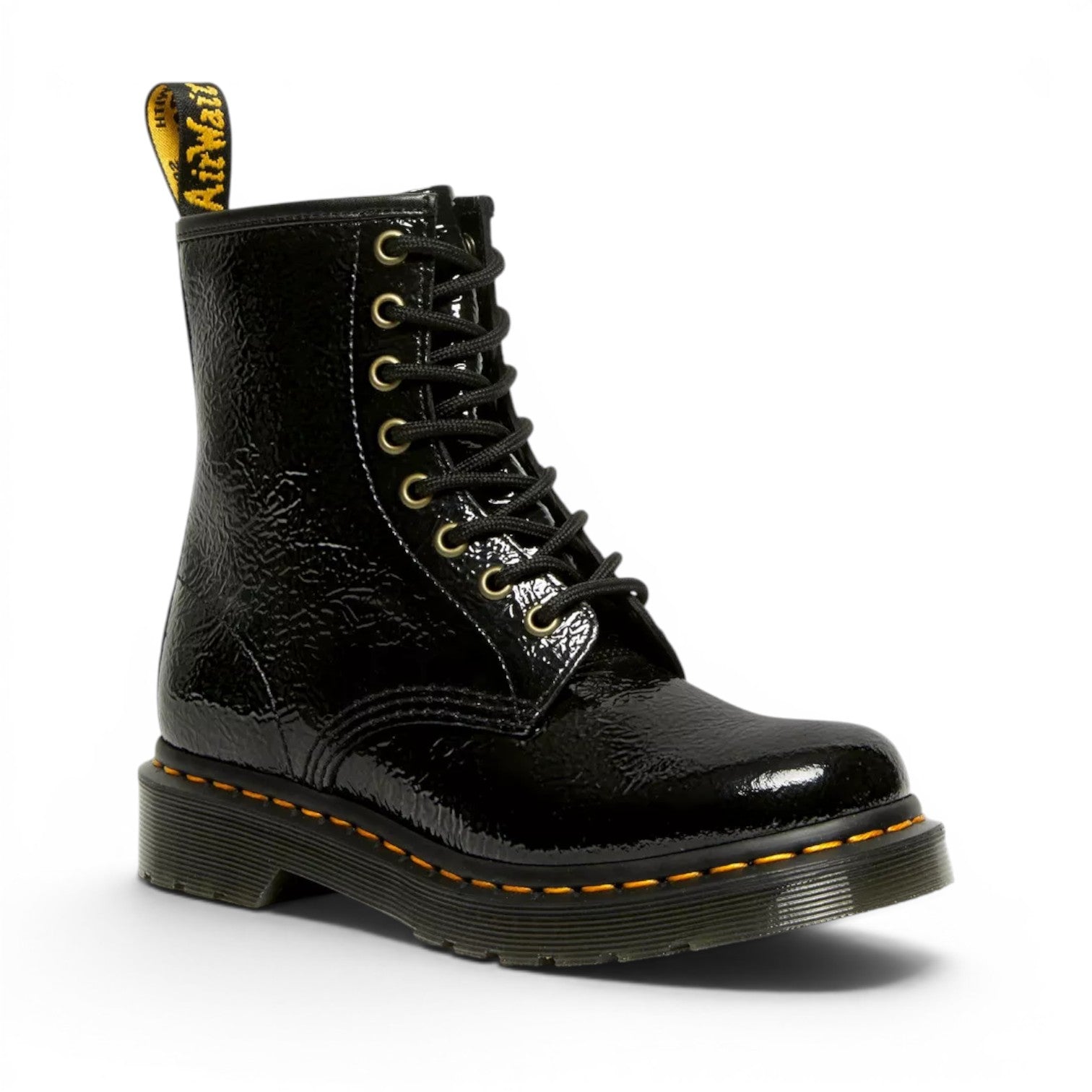 My Store black patent leather distressed Dr. Martens 1460 lace-up boots with yellow AirWair heel loop.