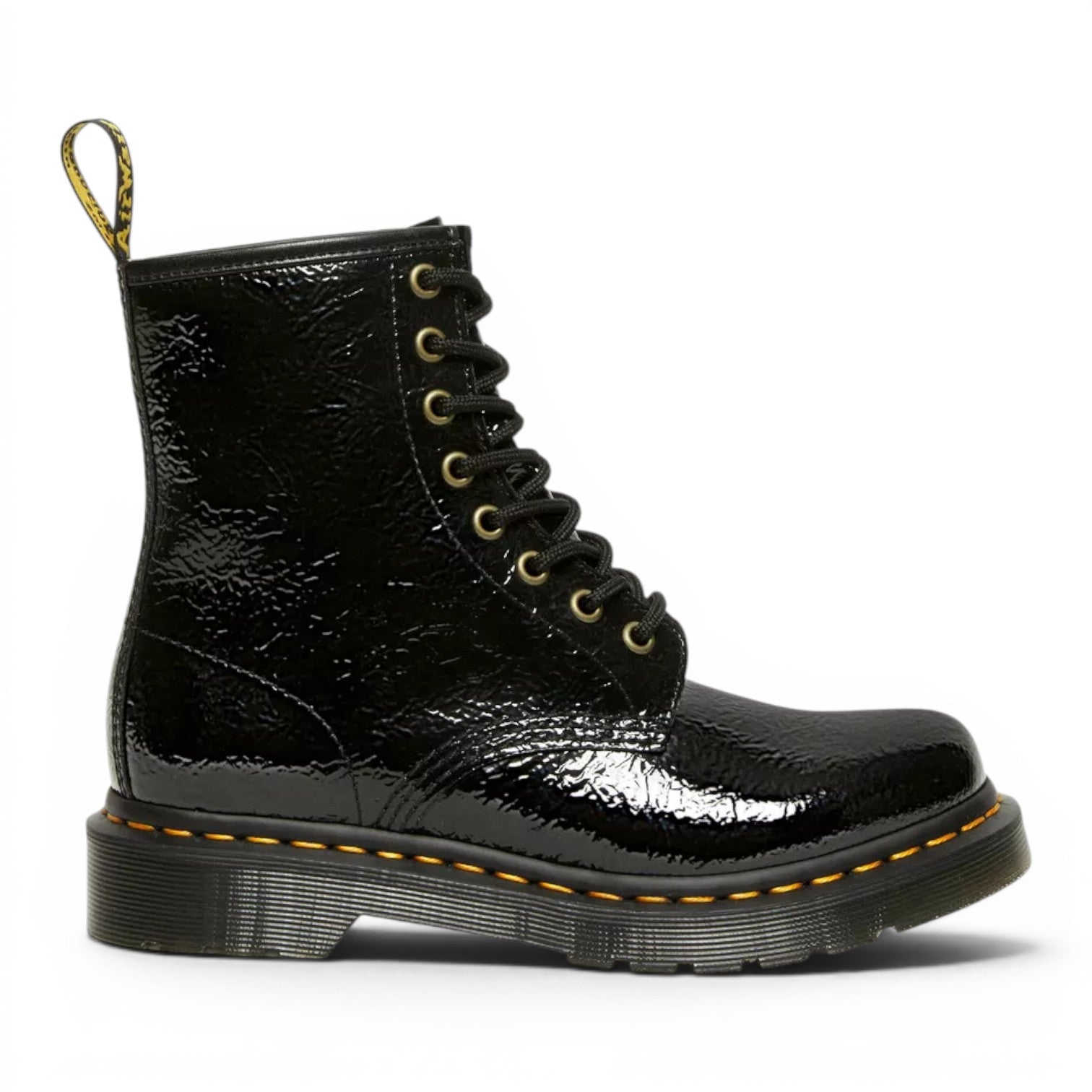 My Store Dr. Martens 1460 Distressed Patent black patent leather lace-up boots with yellow stitching and a black sole.