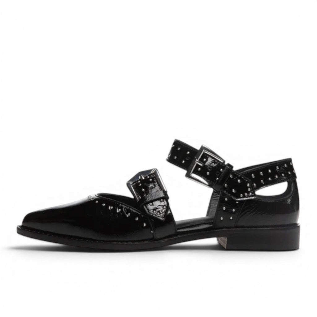My Store black patent leather flats with double buckle straps and stud details.