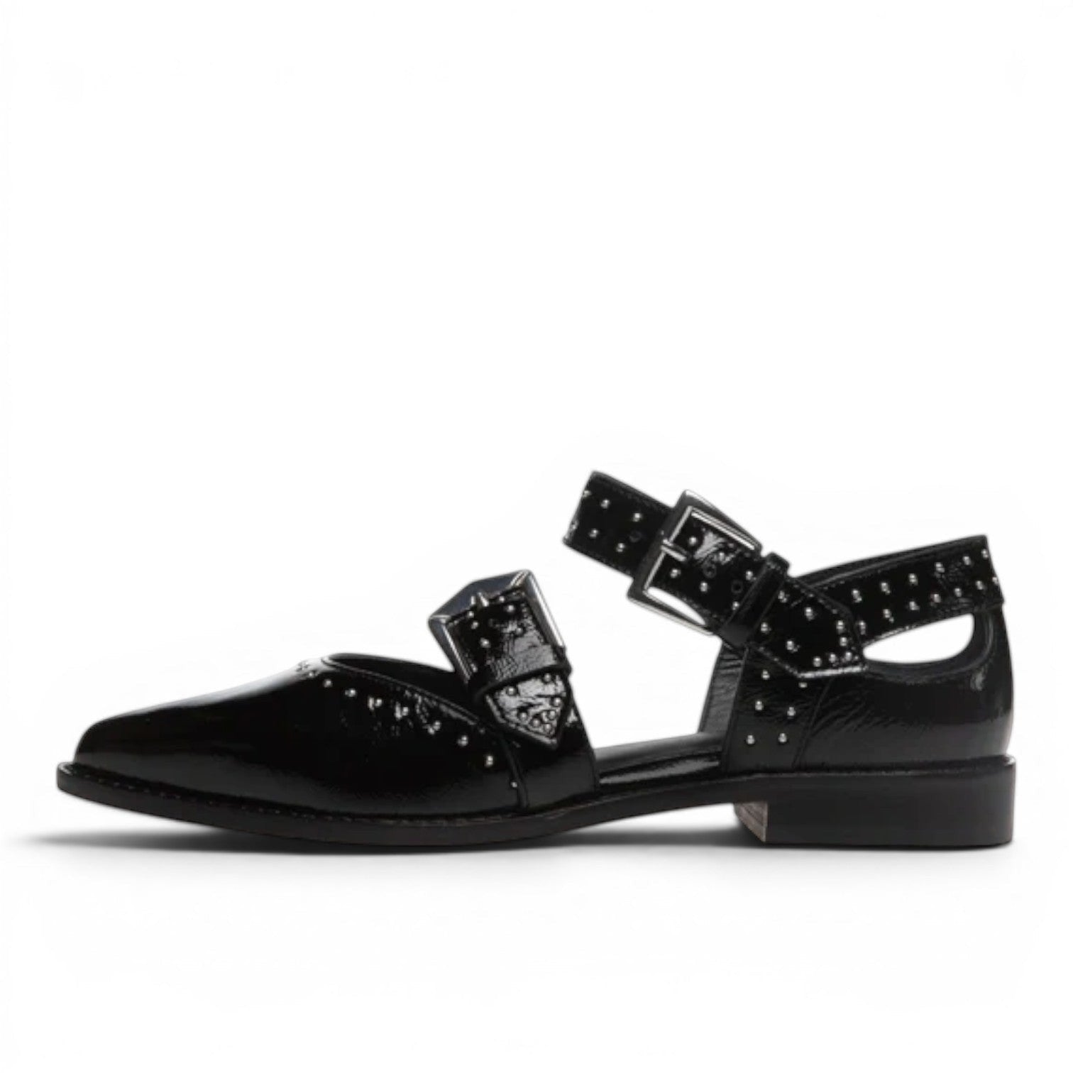 My Store black patent leather flats with double buckle straps and stud details.