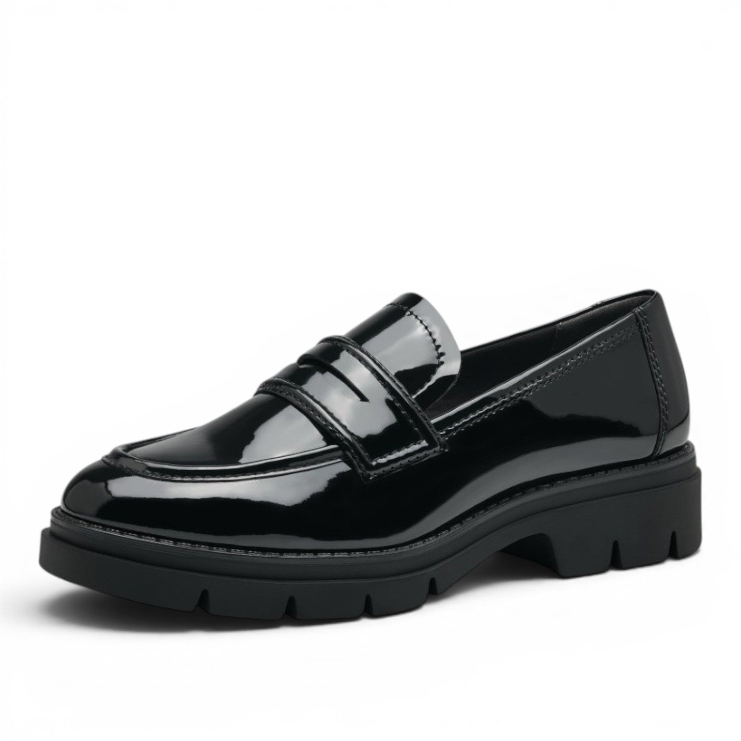 My Store black patent synthetic loafers with buckle detail and 40mm block heel. Comfortable and stylish.