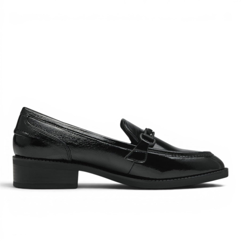 My Store black patent synthetic slip-on loafers with a 3.5cm block heel and decorative buckle detail.