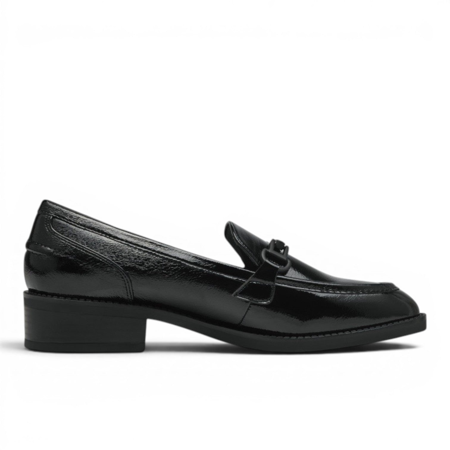 My Store black patent synthetic slip-on loafers with a 3.5cm block heel and decorative buckle detail.