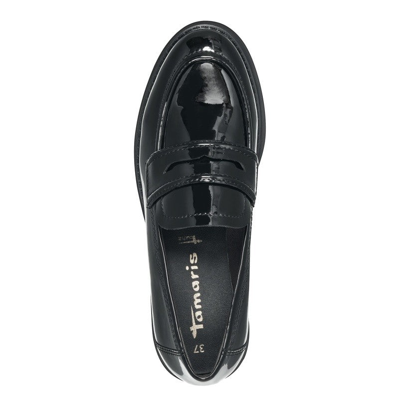 My Store black patent synthetic loafers with buckle detail and 40mm block heel.