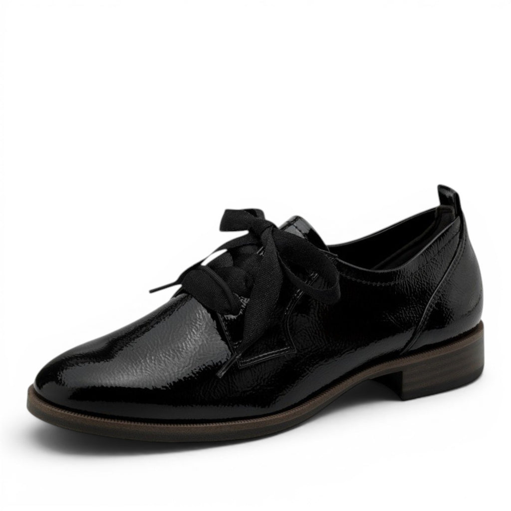 My Store black patent synthetic lace-up oxford shoes with ribbon laces and a low heel.