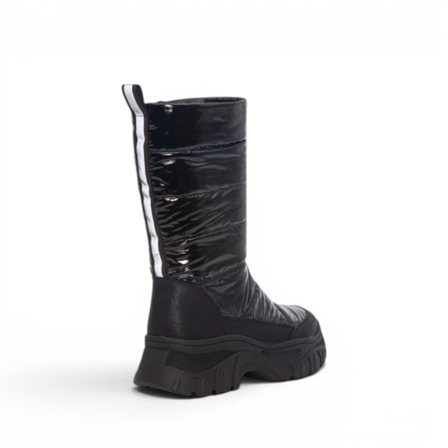 My Store black waterproof puffer boots with side zip and reflective stripe detail. Warm synthetic lining.