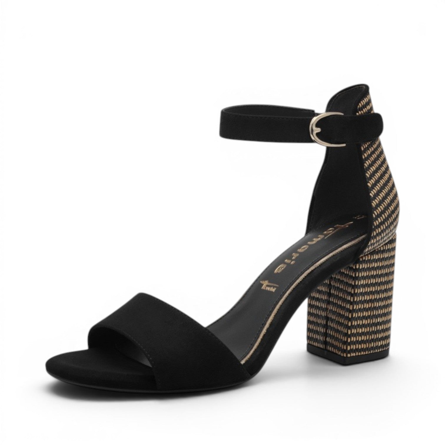 My Store black textile block heel sandals with an open toe and ankle strap, 8.5cm heel.
