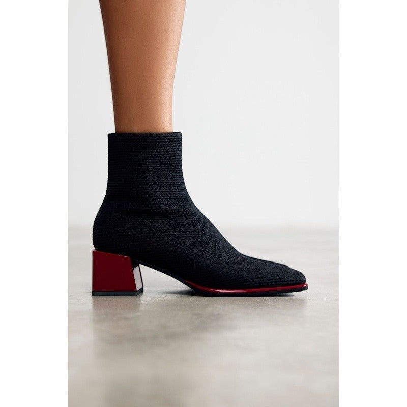 My Store black textile sock boots with a square toe and a 5cm block heel in glossy red.