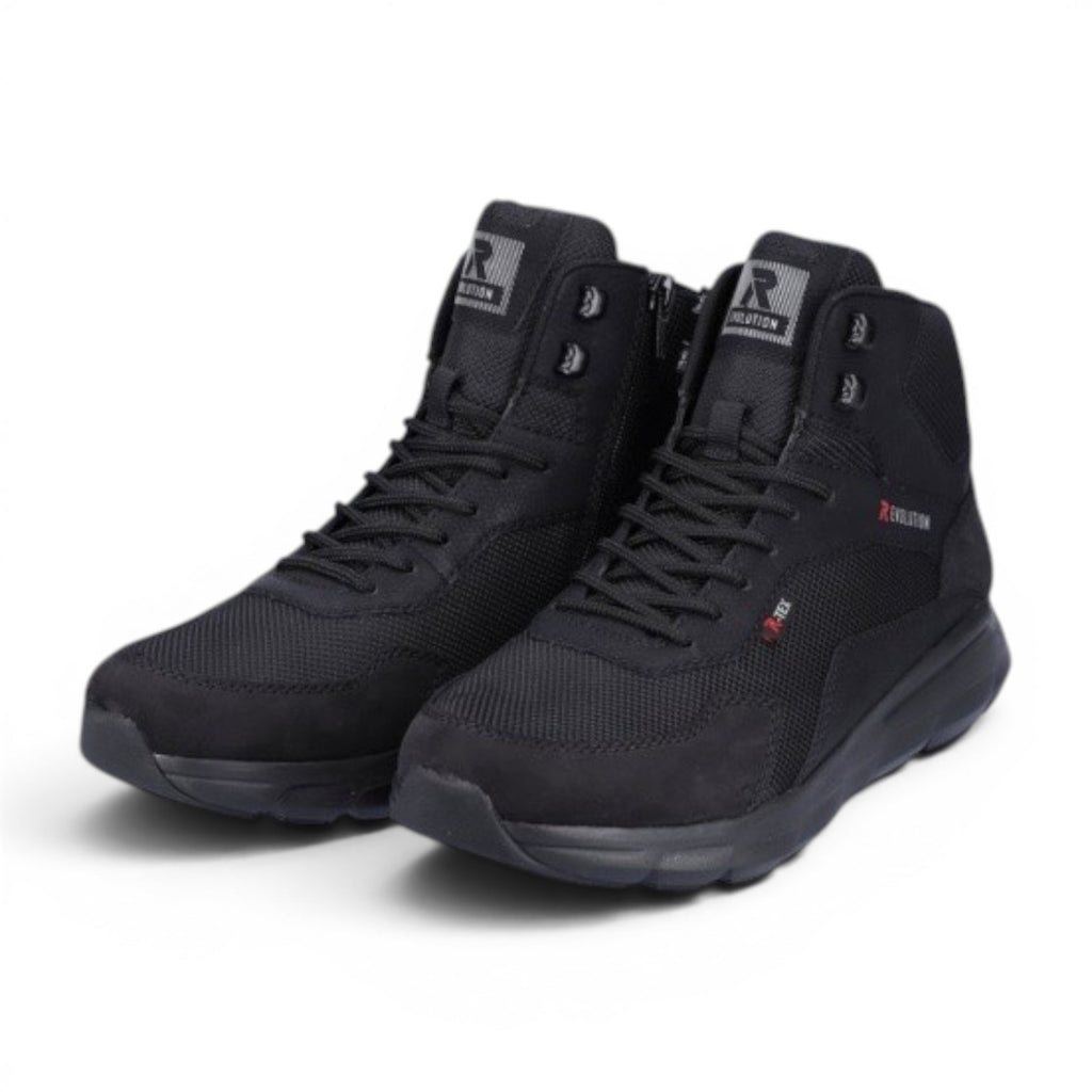 My Store black waterproof textile high-top boots with side zipper and lace-up closure.