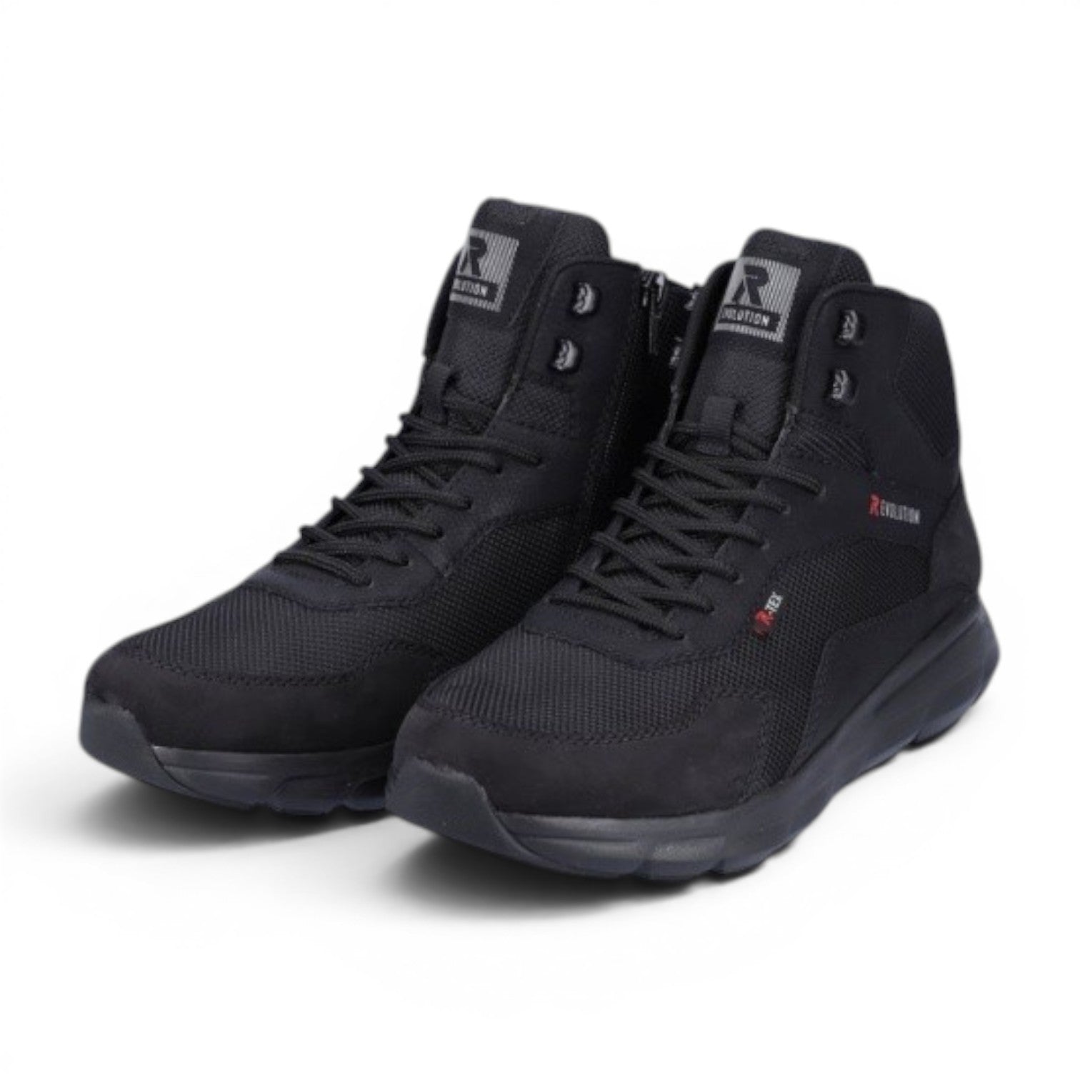 My Store black waterproof textile high-top boots with side zipper and lace-up closure.
