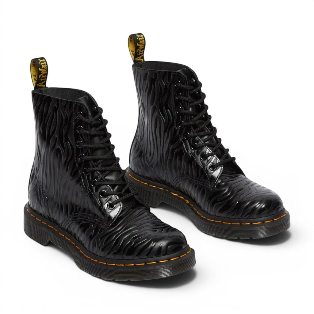 My Store Dr. Martens 1460 Pascal black zebra emboss smooth leather boots with yellow stitching.