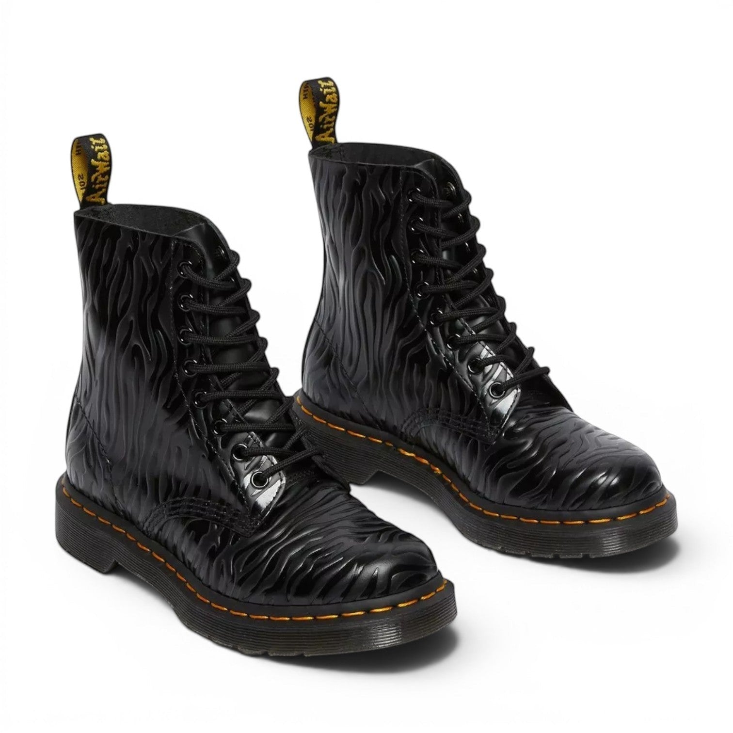 My Store Dr. Martens 1460 Pascal black zebra emboss smooth leather boots with yellow stitching.