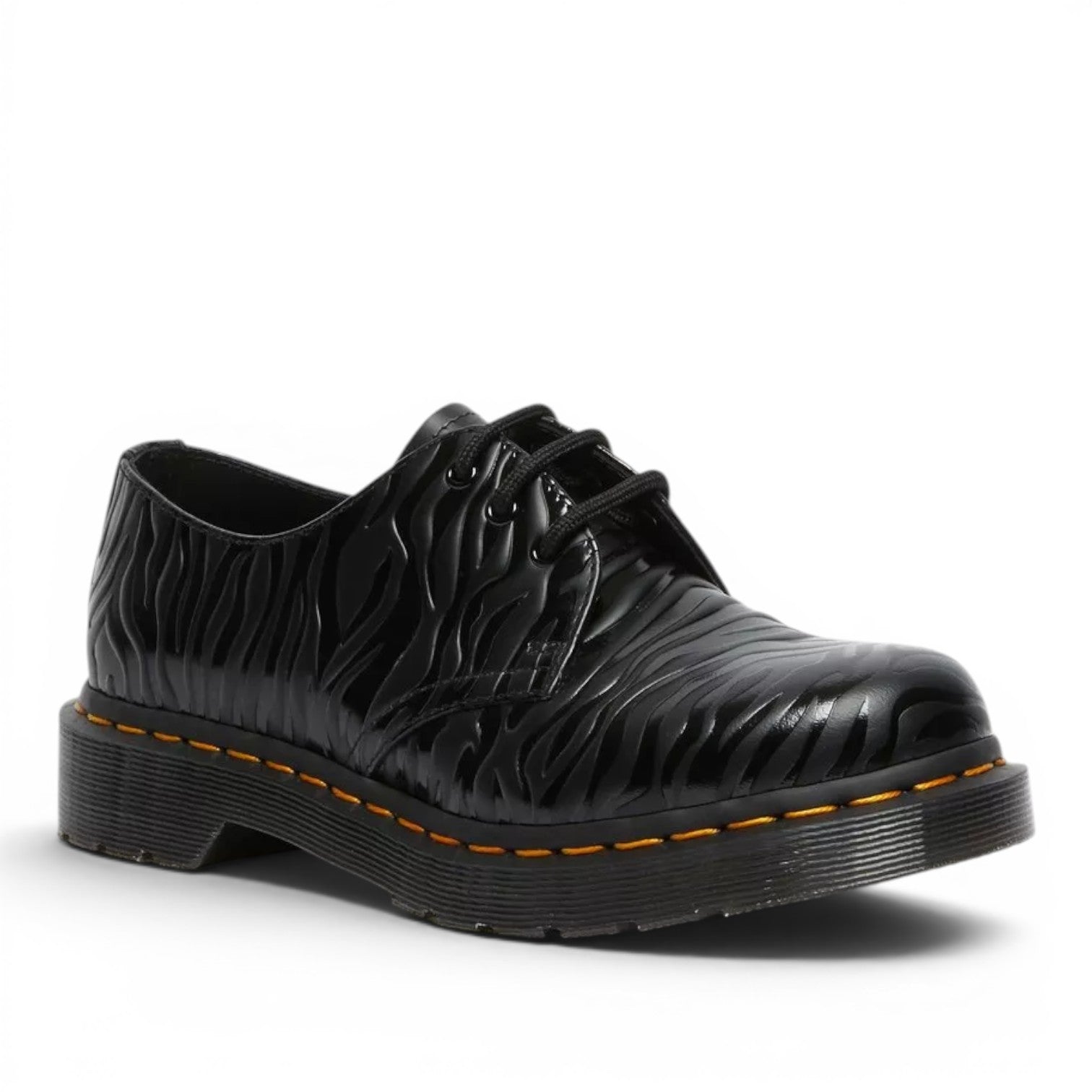 My Store black zebra emboss smooth leather 1461 shoes with yellow stitching and a PVC sole.