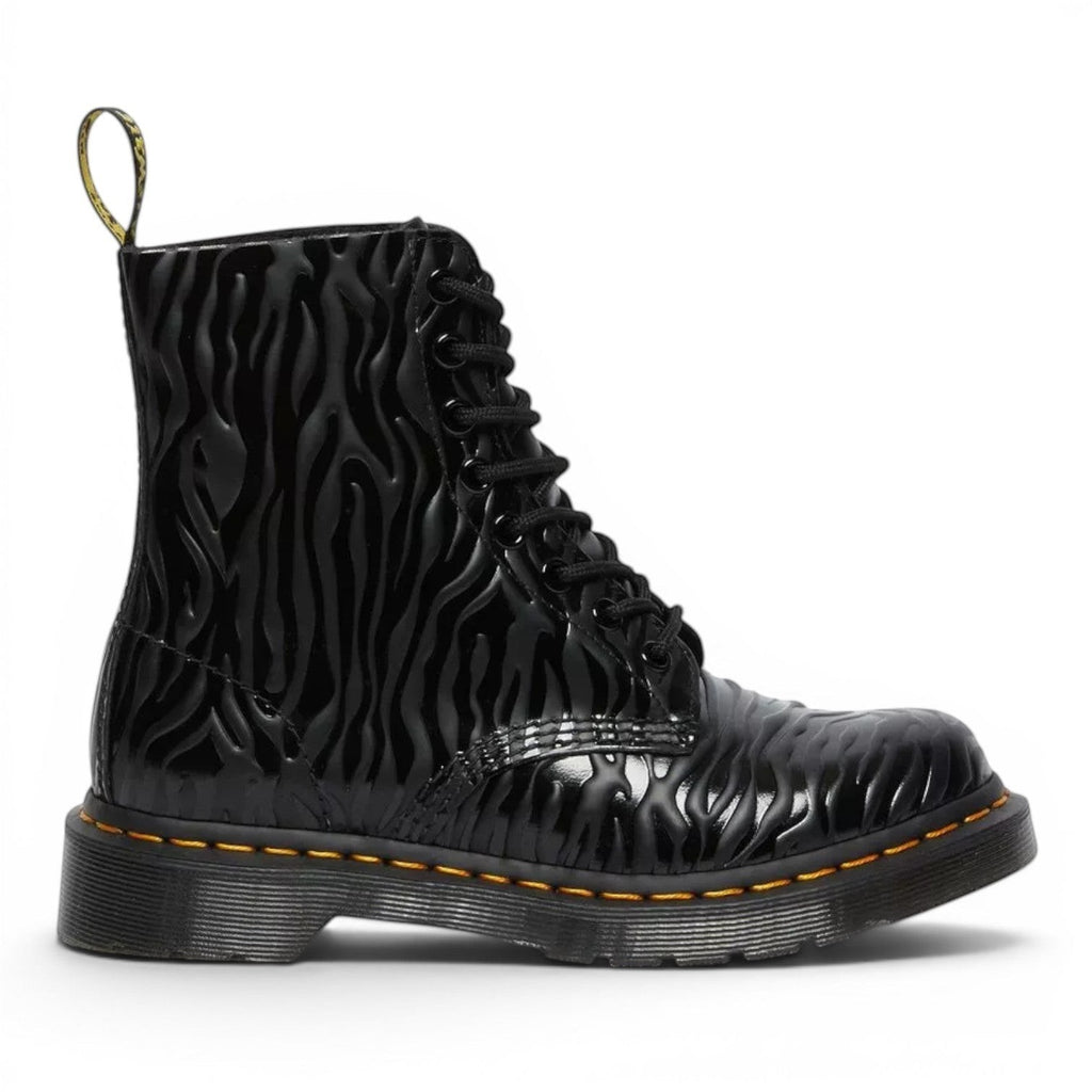 My Store black leather 1460 Pascal Zebra Emboss Smooth boots with a glossy finish and distinctive embossed zebra pattern.