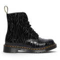 My Store black leather 1460 Pascal Zebra Emboss Smooth boots with a glossy finish and distinctive embossed zebra pattern.
