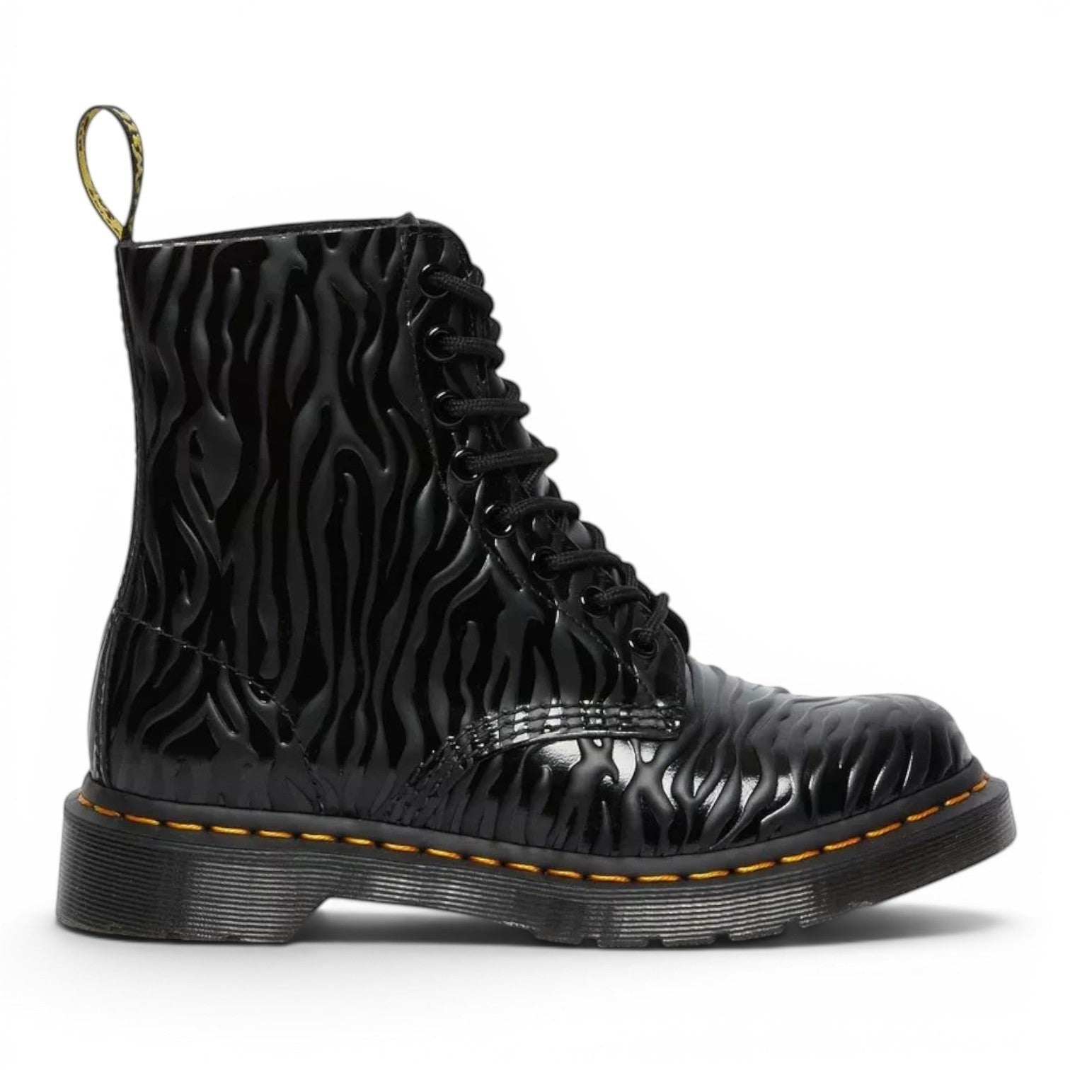 My Store black leather 1460 Pascal Zebra Emboss Smooth boots with a glossy finish and distinctive embossed zebra pattern.