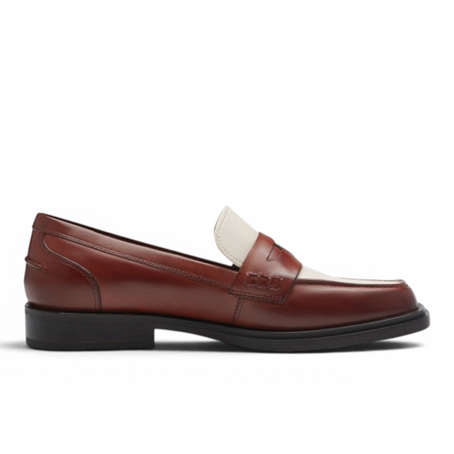 My Store brown and cream leather penny loafers with block heel